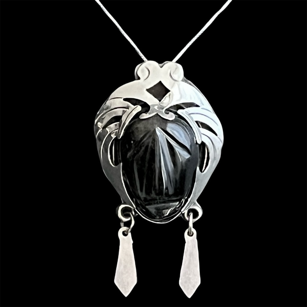 Vintage Taxco Mexico Large 925 sterling silver obsidian warrior pendant